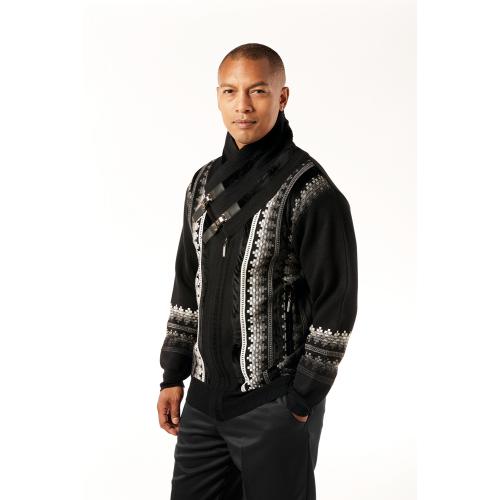 Silversilk Black / Grey / White Buckled Shawl Collar Zip-Up Sweater 4206